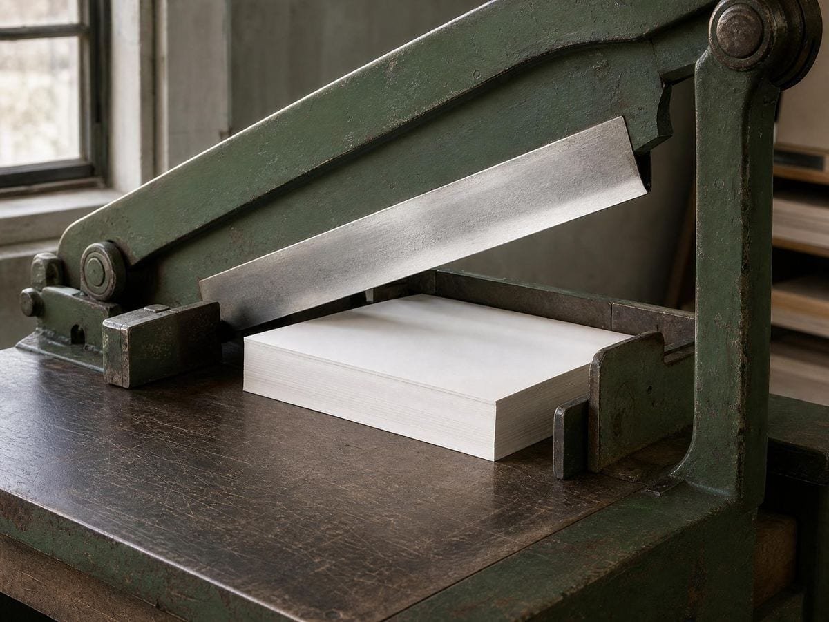 A cast-iron guillotine with its blade raised above a squared stack of blank paper