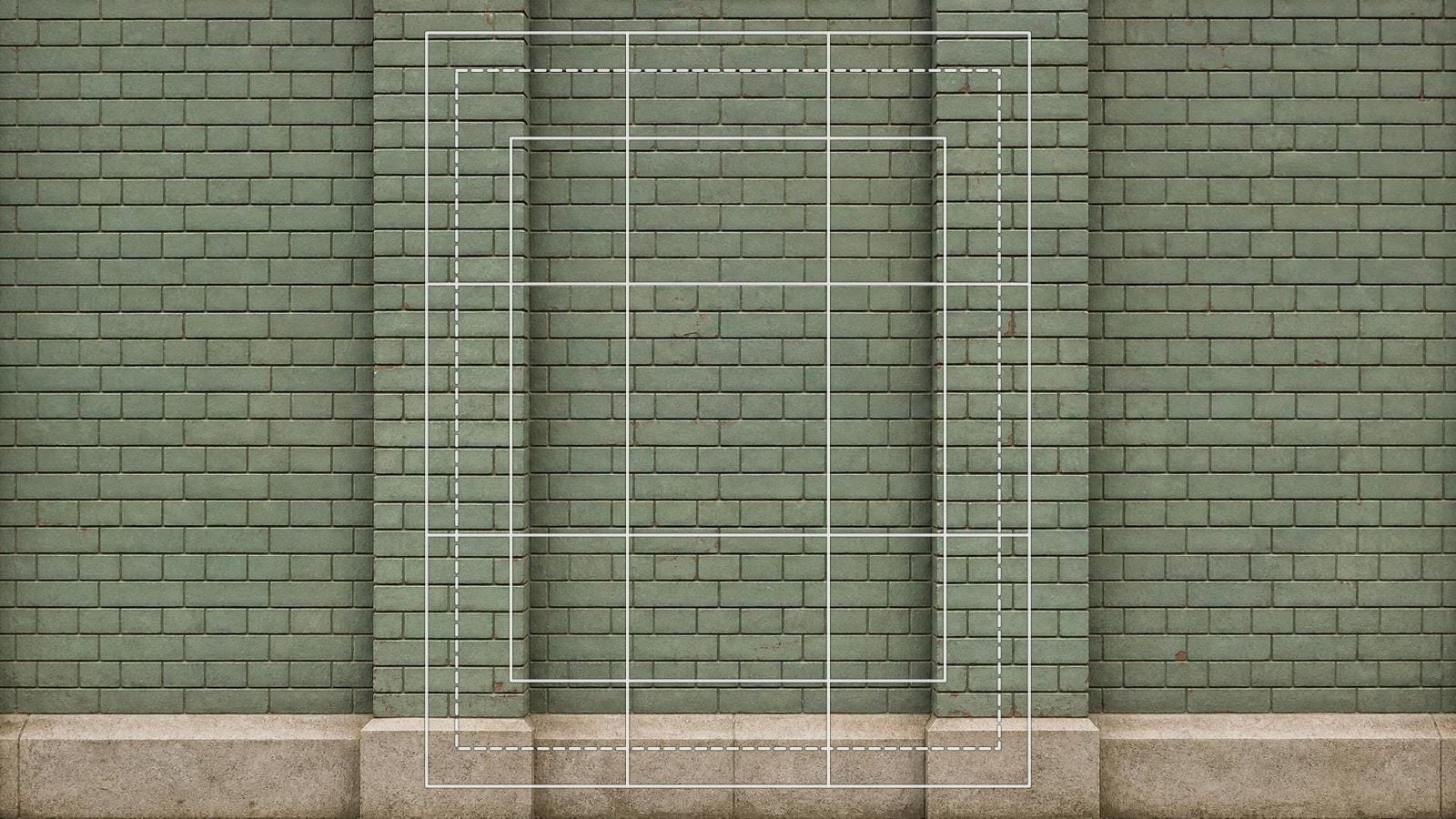 Instagram grid overlay on a glazed brick wall divided into three equal vertical bands