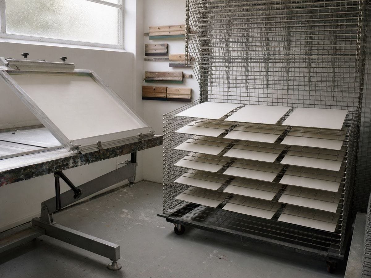 A screen print shop with a wire drying rack of blank sheets, three across on each level
