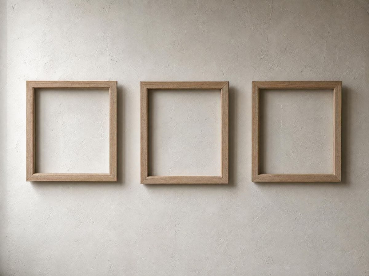 Three identical empty timber frames hung in an evenly spaced row on a plaster wall