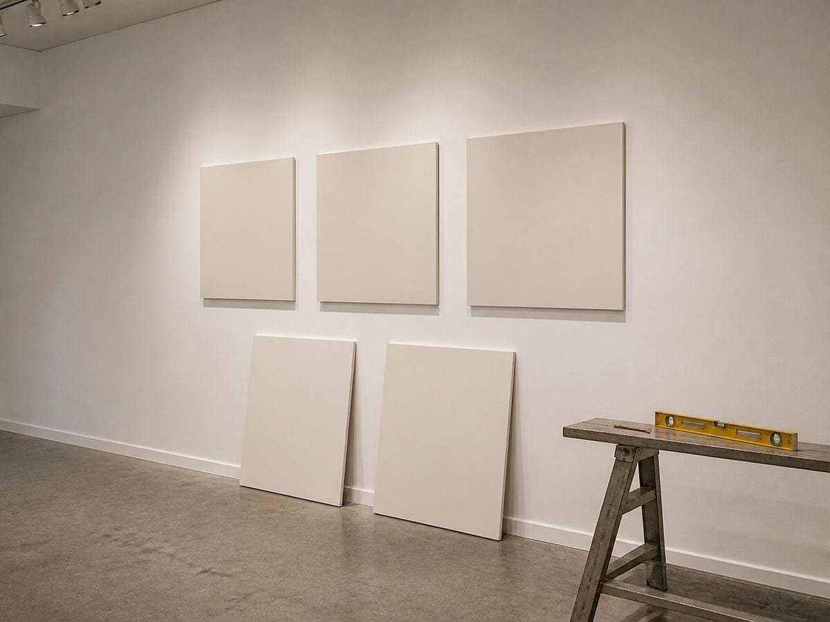 A gallery wall part hung with three blank panels in a row and two more leaning below