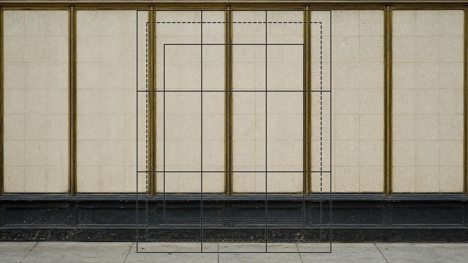 Instagram grid splitter overlay on a tiled shopfront divided into equal upright panels