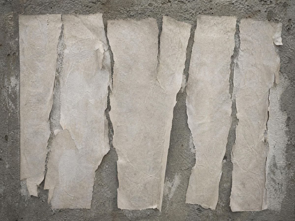 A weathered paper poster torn into vertical strips still hanging aligned on a wall