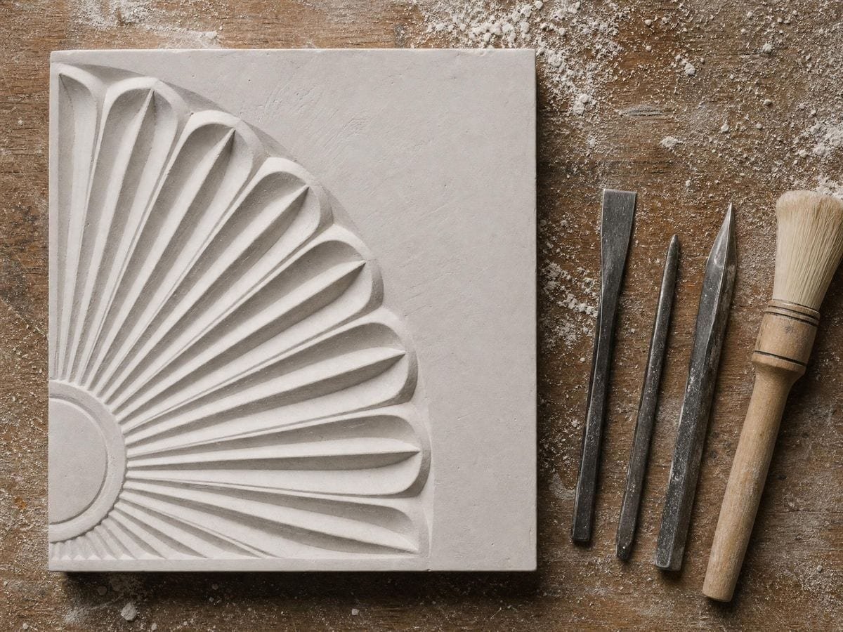 A part-carved gypsum panel with a shallow radiating pattern and three steel tools