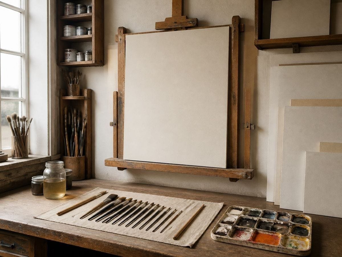 A signwriter's shop with a blank primed panel on an easel and lettering brushes in size order
