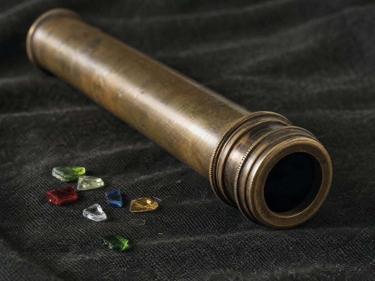 An antique brass kaleidoscope on dark cloth with a few loose glass fragments beside it