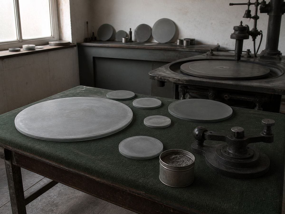 An optical workshop with round grey mirror blanks on a felt bench beside a cast-iron tool