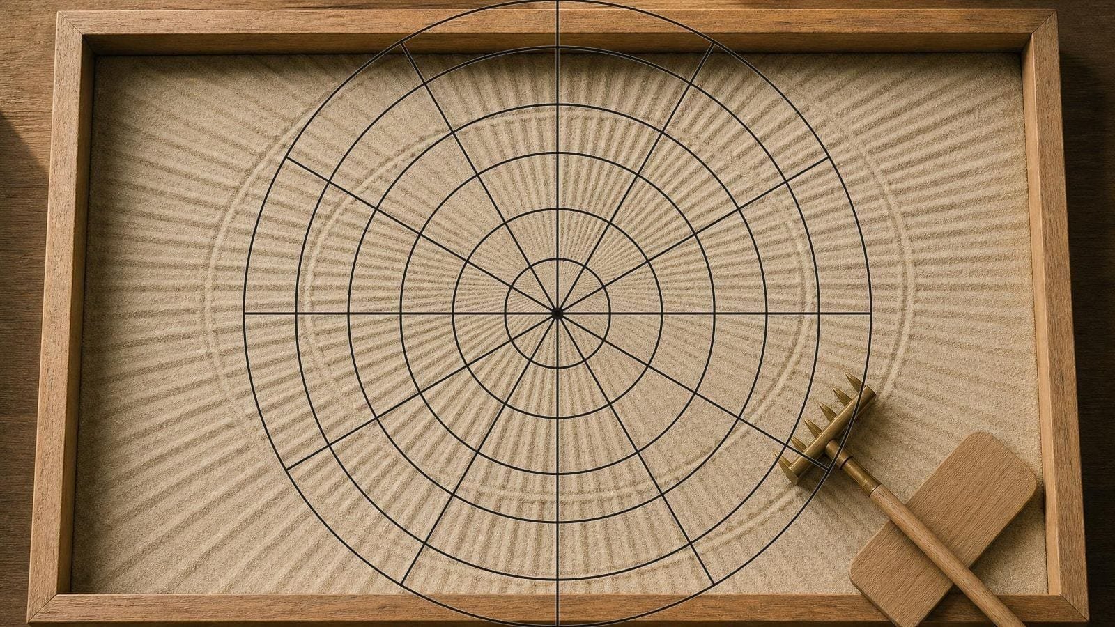 Mandala overlay on a raked sand tray with grooves radiating from a single centre