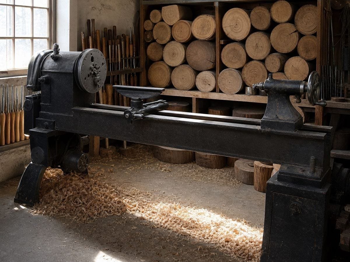 A woodturner's shop with a bare lathe faceplate and round timber blanks stacked behind