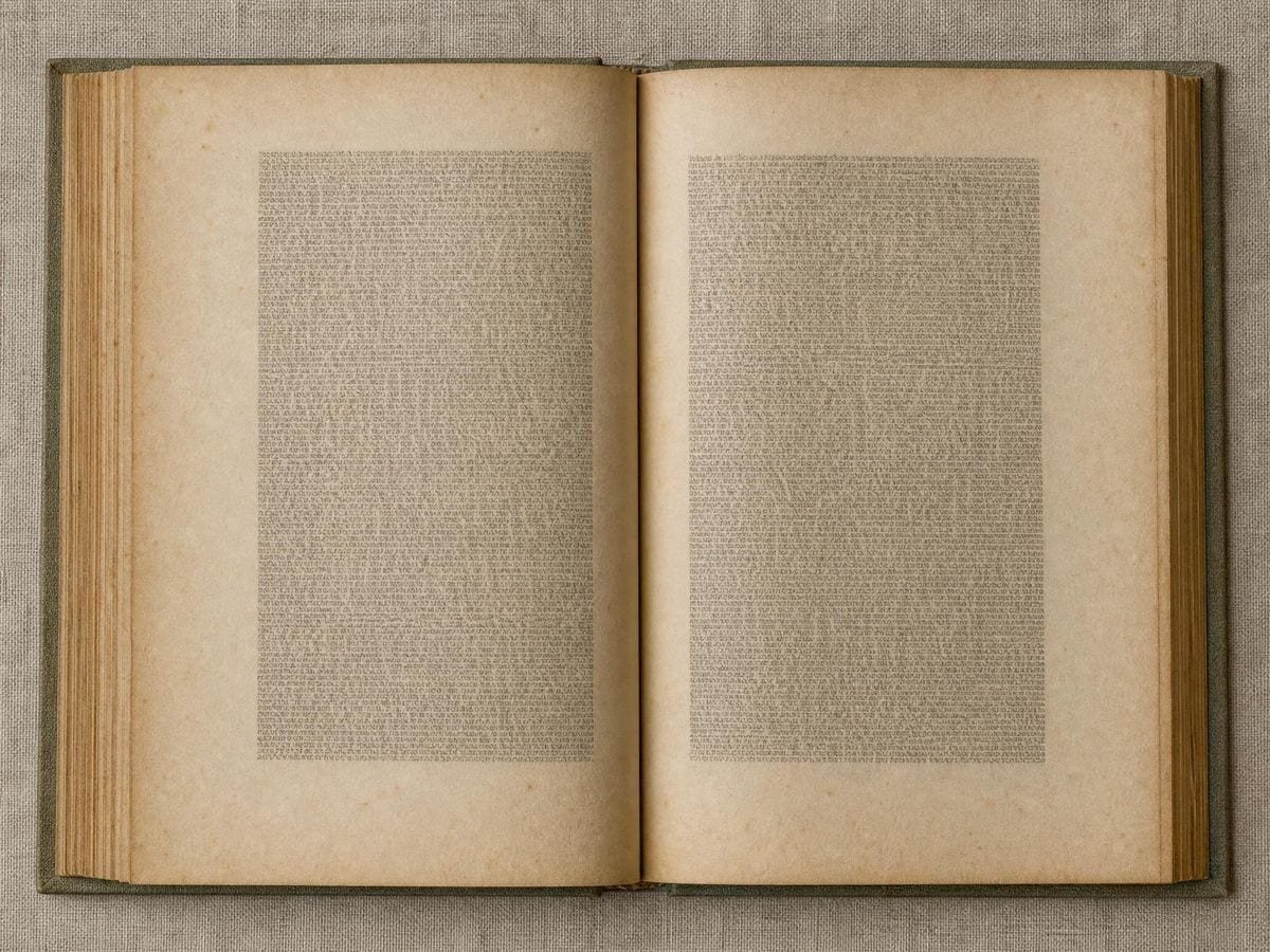An open cloth-bound book showing one block of type per page inside deep margins