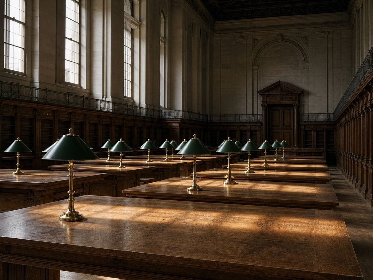 A library reading room of long timber desks fitted with green-shaded brass lamps, all clear