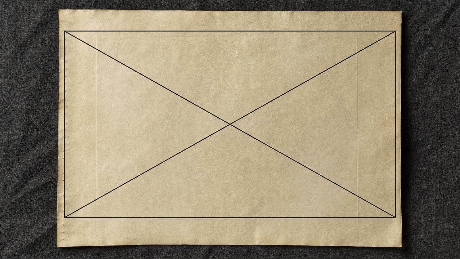 Manuscript grid overlay on a blank ruled vellum leaf with deep uneven margins