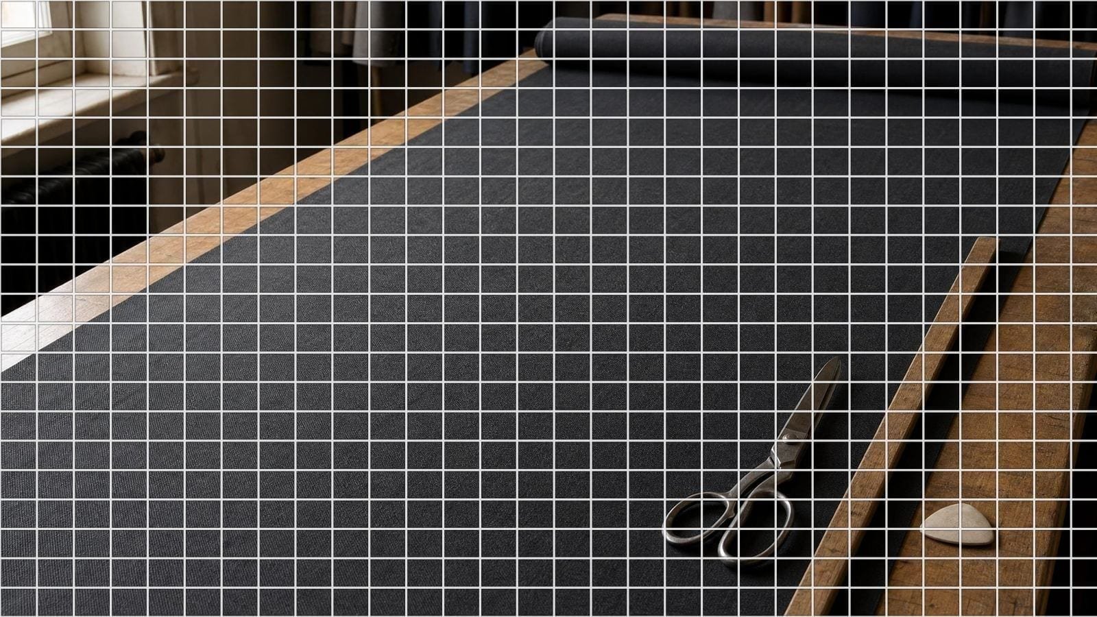 Measurement grid overlay on dark worsted cloth laid flat across a tailor's cutting table