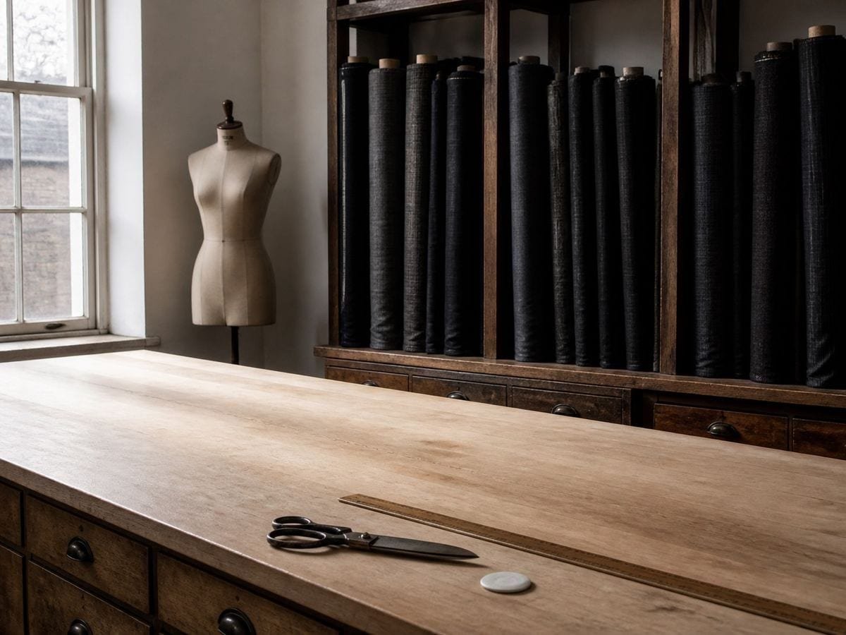 A tailor's workroom with a bare cutting table and bolts of dark worsted racked behind