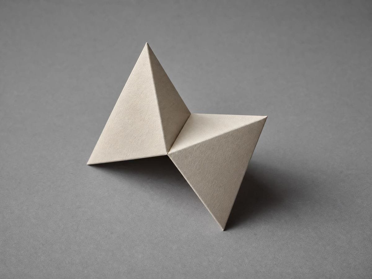 Two folded cream paper tetrahedra, one point-up and one point-down, faces meeting