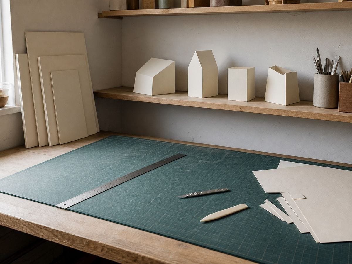 A model maker's room with a cutting mat, sheets of card and folded forms on a shelf