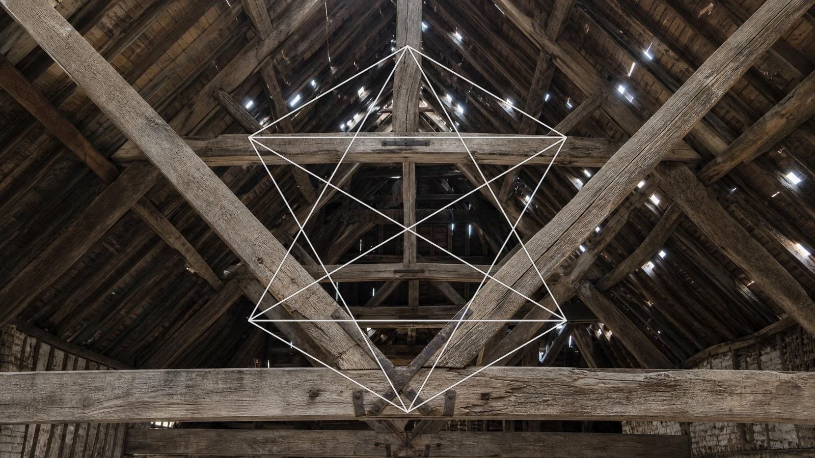 Merkaba overlay on crossed oak roof trusses forming interlocking triangular frames
