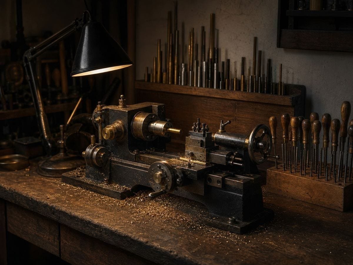 An instrument maker's bench with a small lathe, brass rod stock and a block of gravers