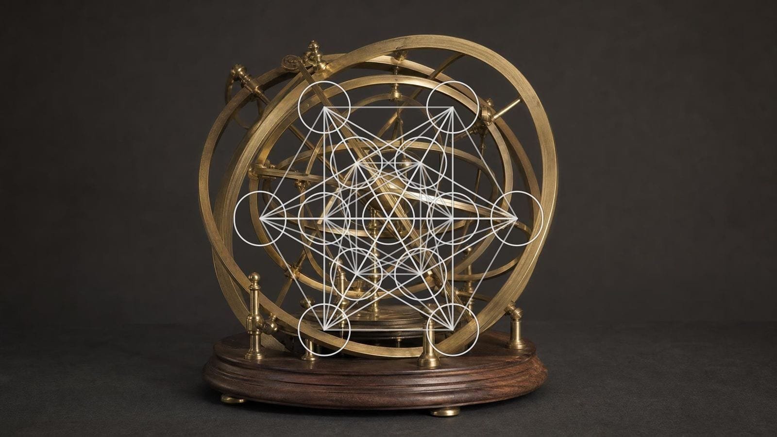 Metatron's Cube overlay on a brass orrery frame of crossing rings and radial struts