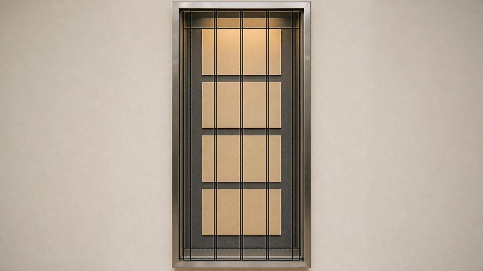 Mobile app layout grid overlay on a tall vitrine of blank mounted panels with even margins