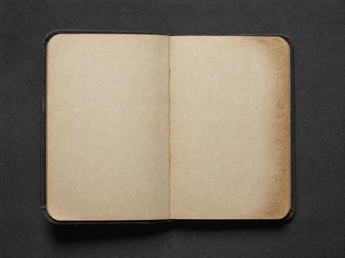 A small pocket notebook open on a dark surface, its outer page edge worn by a thumb