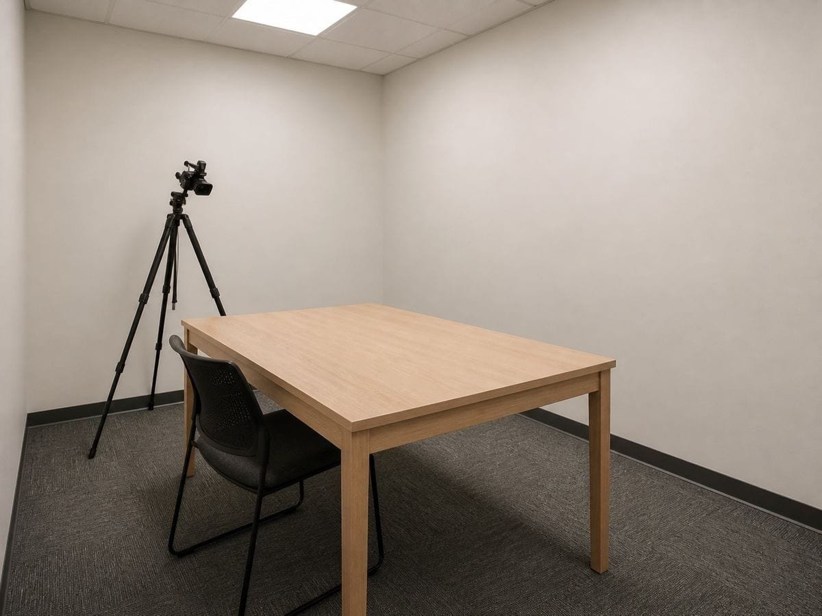A plain usability testing room with one empty light timber table, a chair and a low tripod