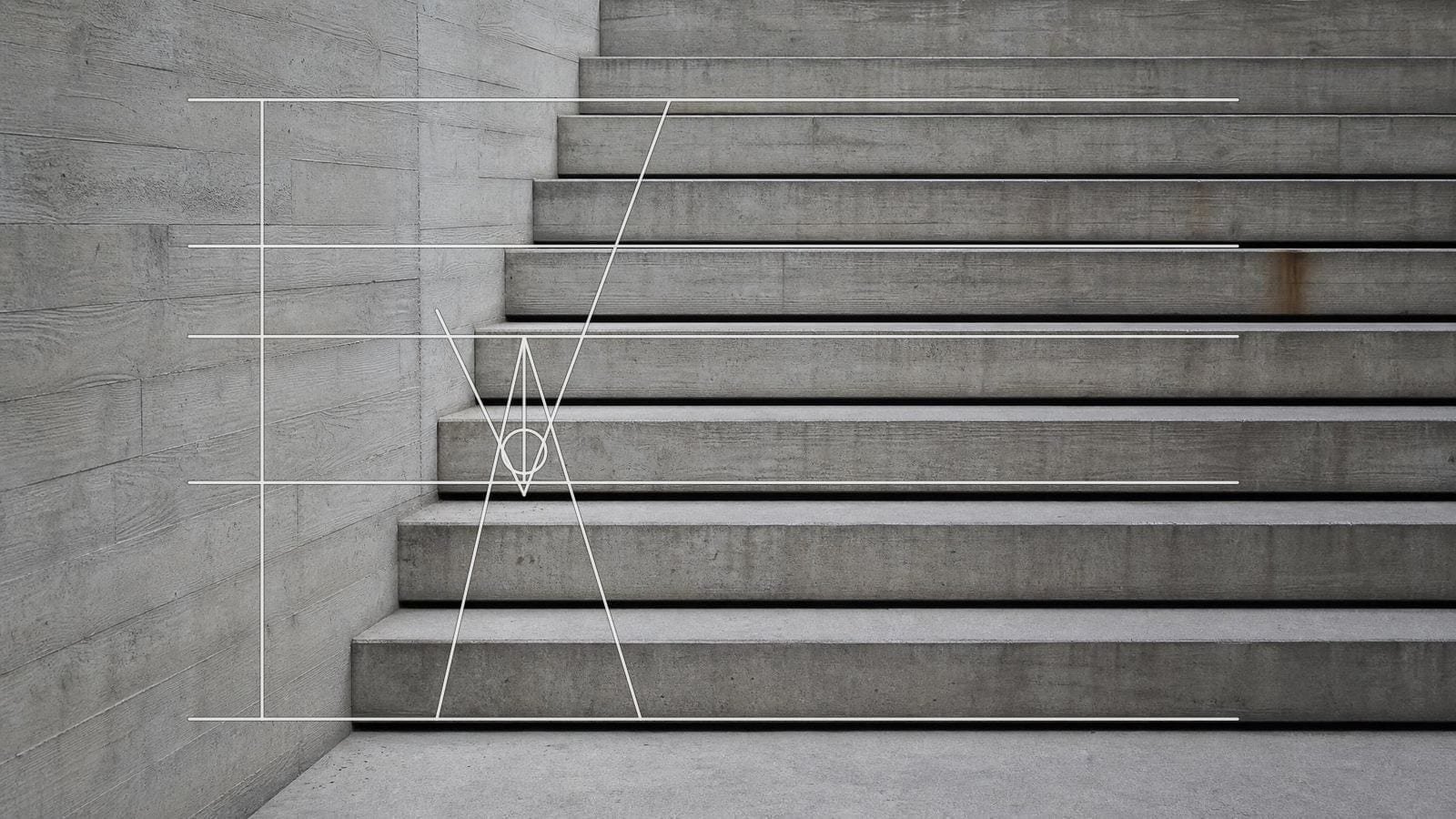 Modulor overlay on a flight of board-marked concrete steps rising in even increments