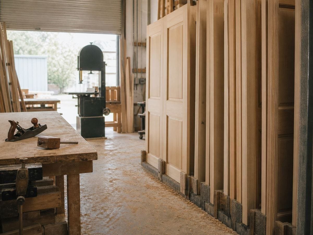 A joinery shop with a dozen unpainted timber doors standing on edge in a padded rack