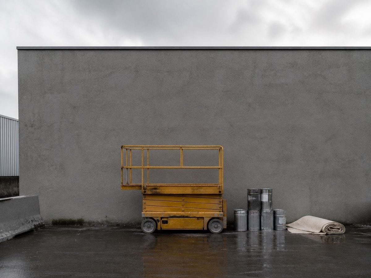 A depot yard with a folded scissor lift and paint drums below a tall blank rendered wall