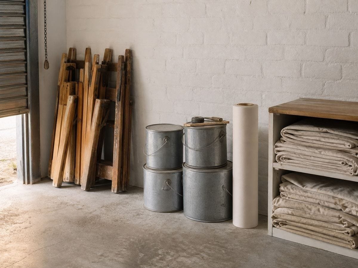 A decorator's store with folded trestles, stacked drums and canvas dust sheets on a shelf