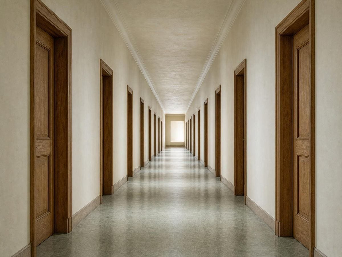 A corridor of evenly spaced identical doorways receding toward a window at the far end