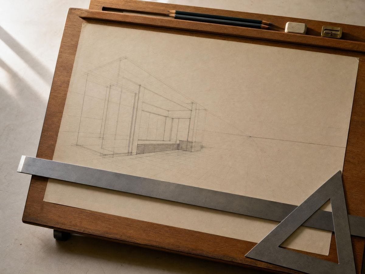 A drafting board with a half-ruled interior in graphite, steel straightedge and set square