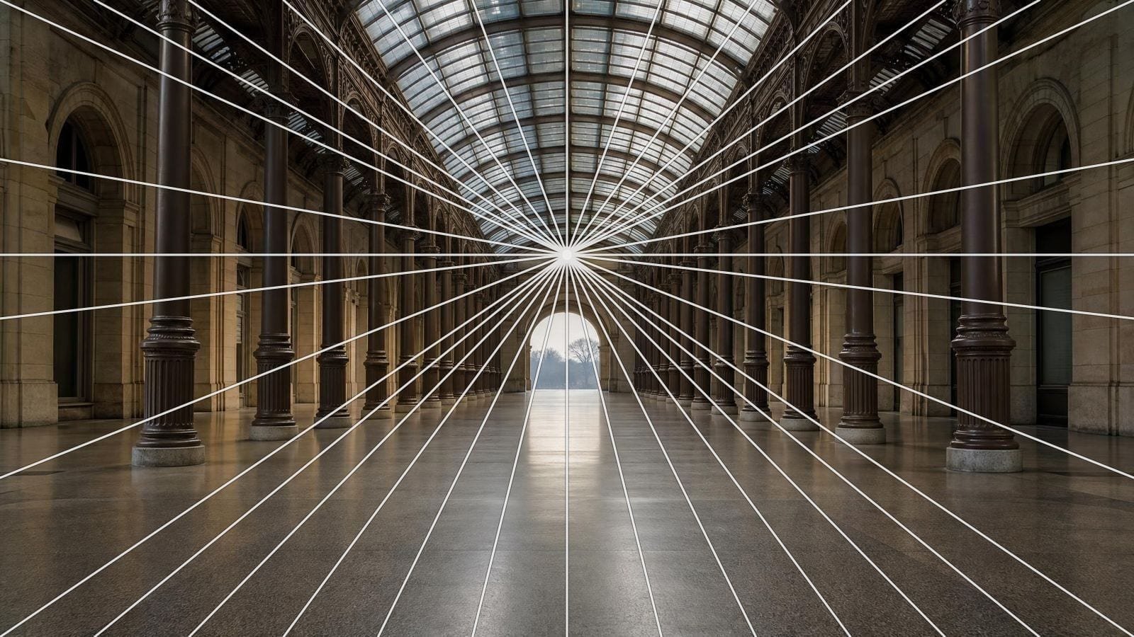 One point perspective grid over a station concourse, orthogonals meeting at the far arch