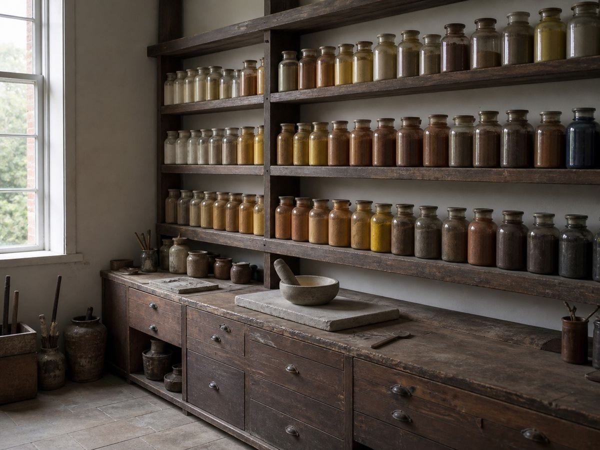 A colourman's shelves of glass jars of dry pigment stepping gradually through earth tones