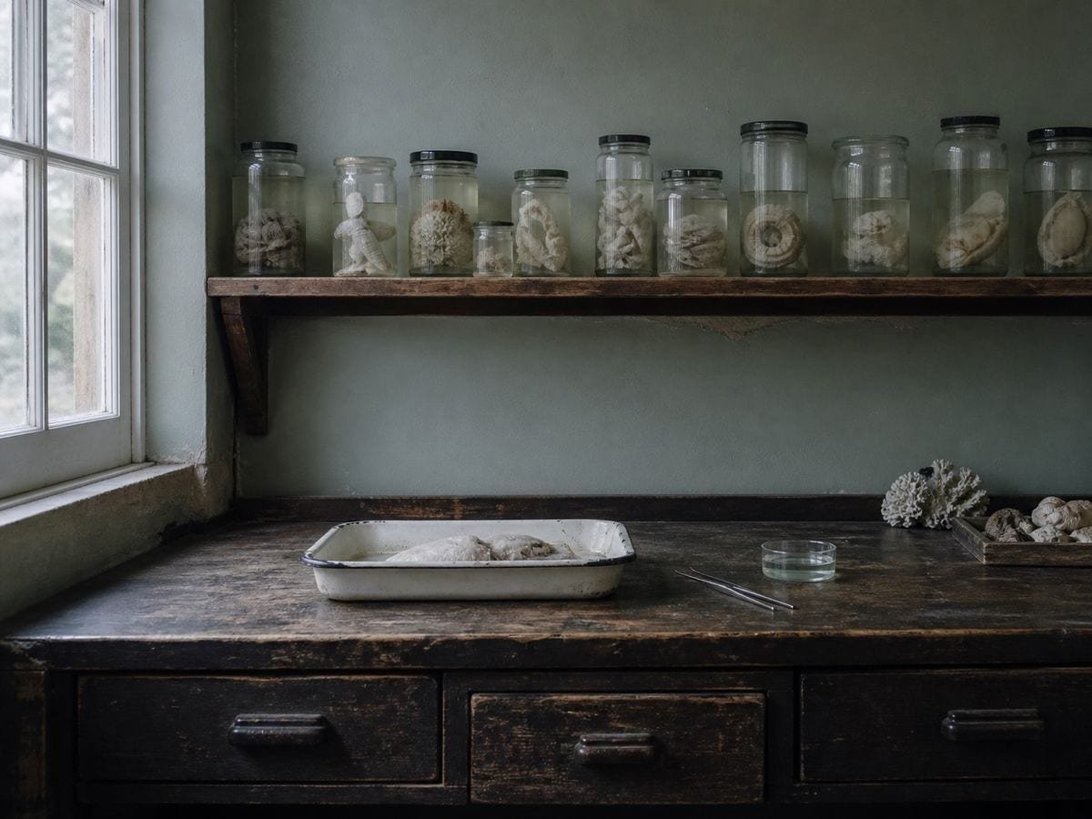 A marine laboratory bench with glass specimen jars on a shelf and an enamel tray below