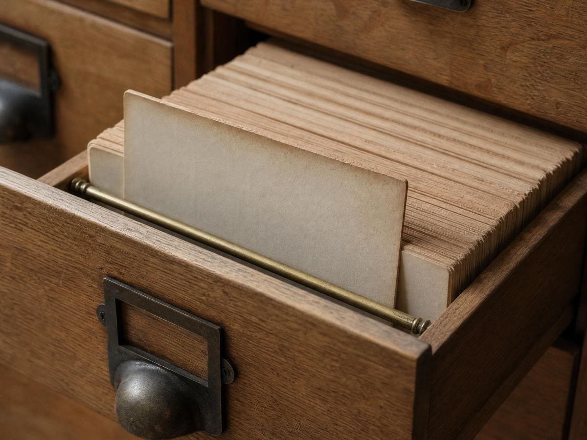 Buff index cards standing on edge in an oak drawer, one pulled proud of the rest