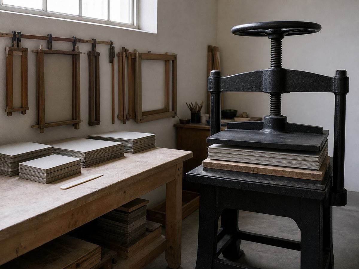 A hand bindery with a cast-iron standing press and stacks of cut greyboard on a bench