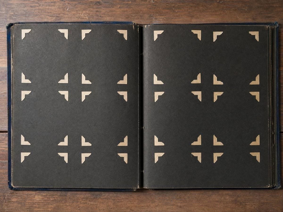 An open album page with rows of empty gummed mounting corners and no photographs