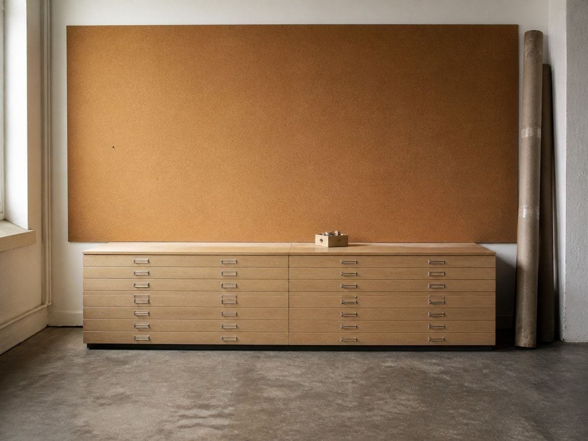 A studio wall of bare cork pinboard scattered with old pin holes above a low plan chest