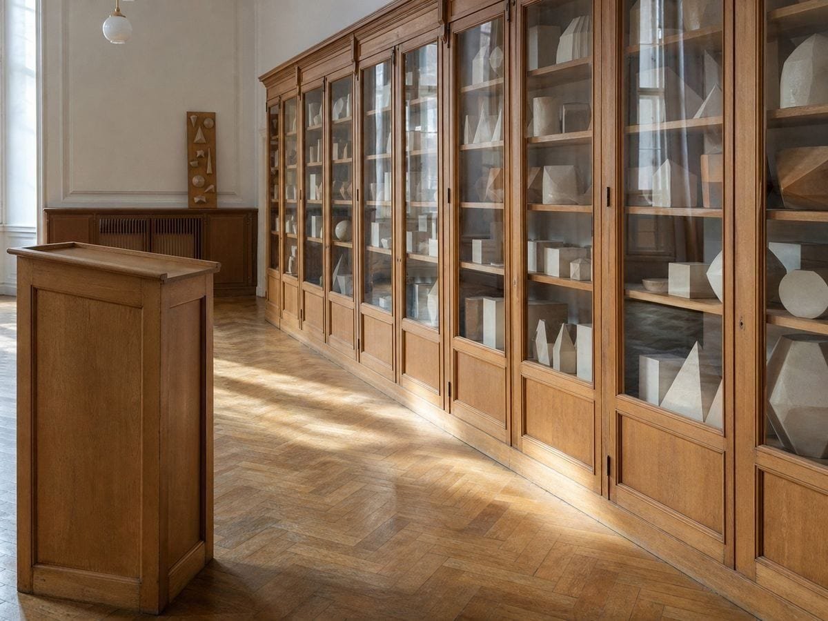 A university teaching cabinet of pale geometric models on shelves above a plain lectern