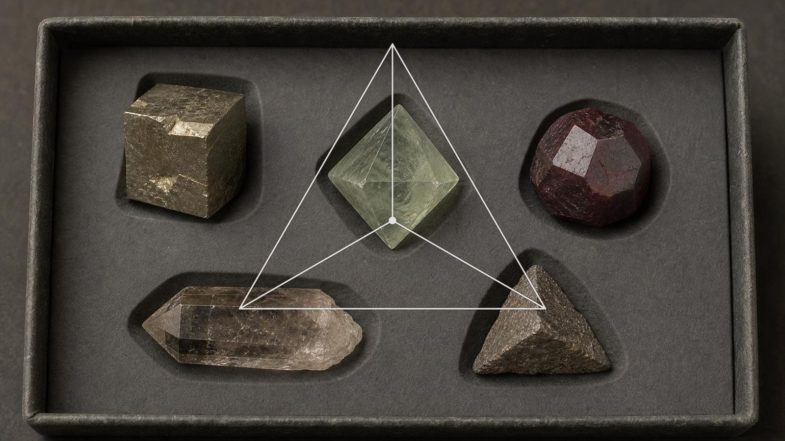 Platonic solids overlay on a tray of natural cubic, octahedral and dodecahedral crystals