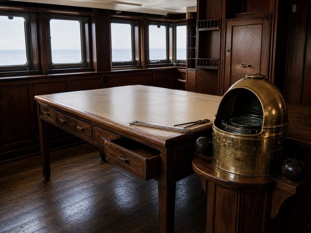 A ship's chart room with a brass-hooded binnacle beside a bare varnished chart table
