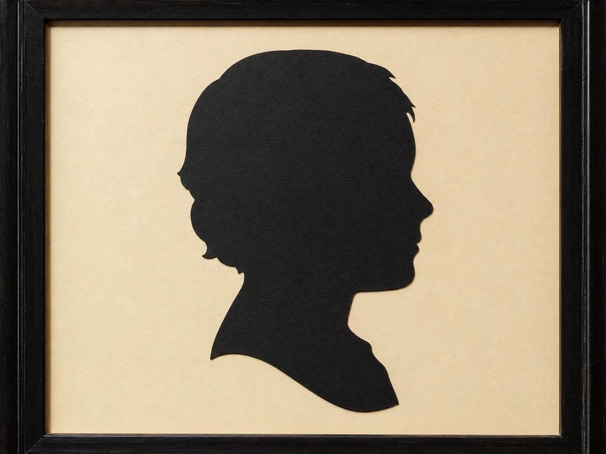 A hand-cut black paper profile silhouette mounted on pale cream card