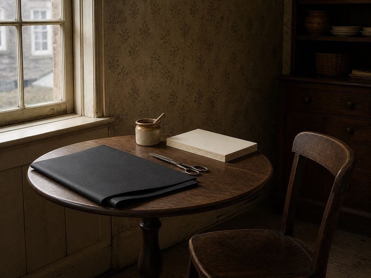 A silhouettist's table by a window with black paper, fine curved shears and blank mounting cards