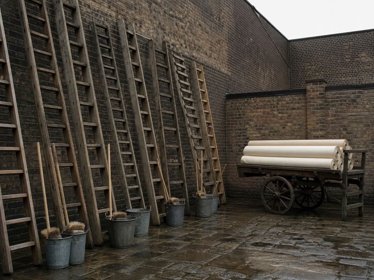 A billposter's yard with timber ladders leaning at a brick wall and paste buckets beneath