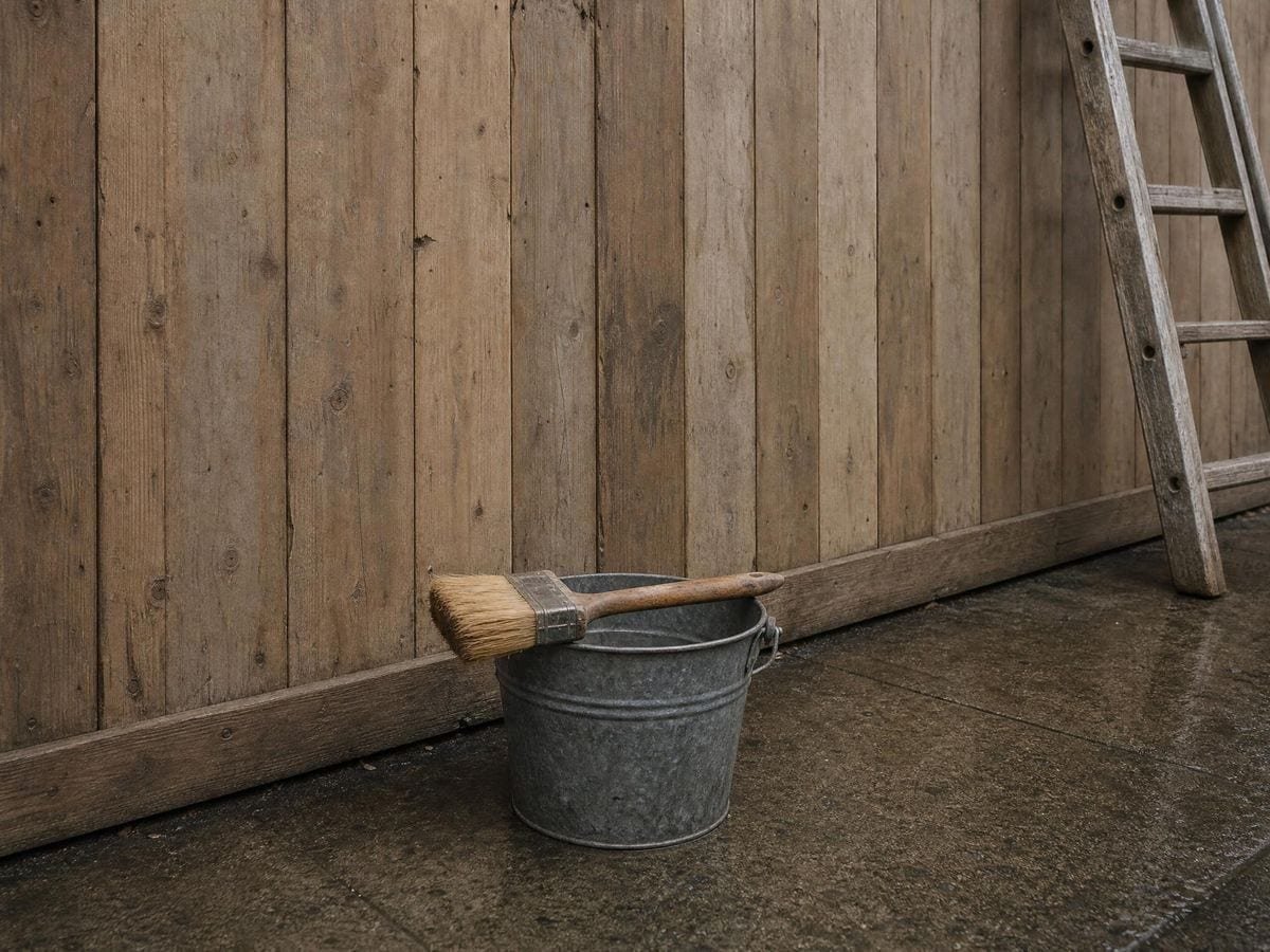 A wide paste brush across a galvanised bucket at the foot of a bare timber hoarding