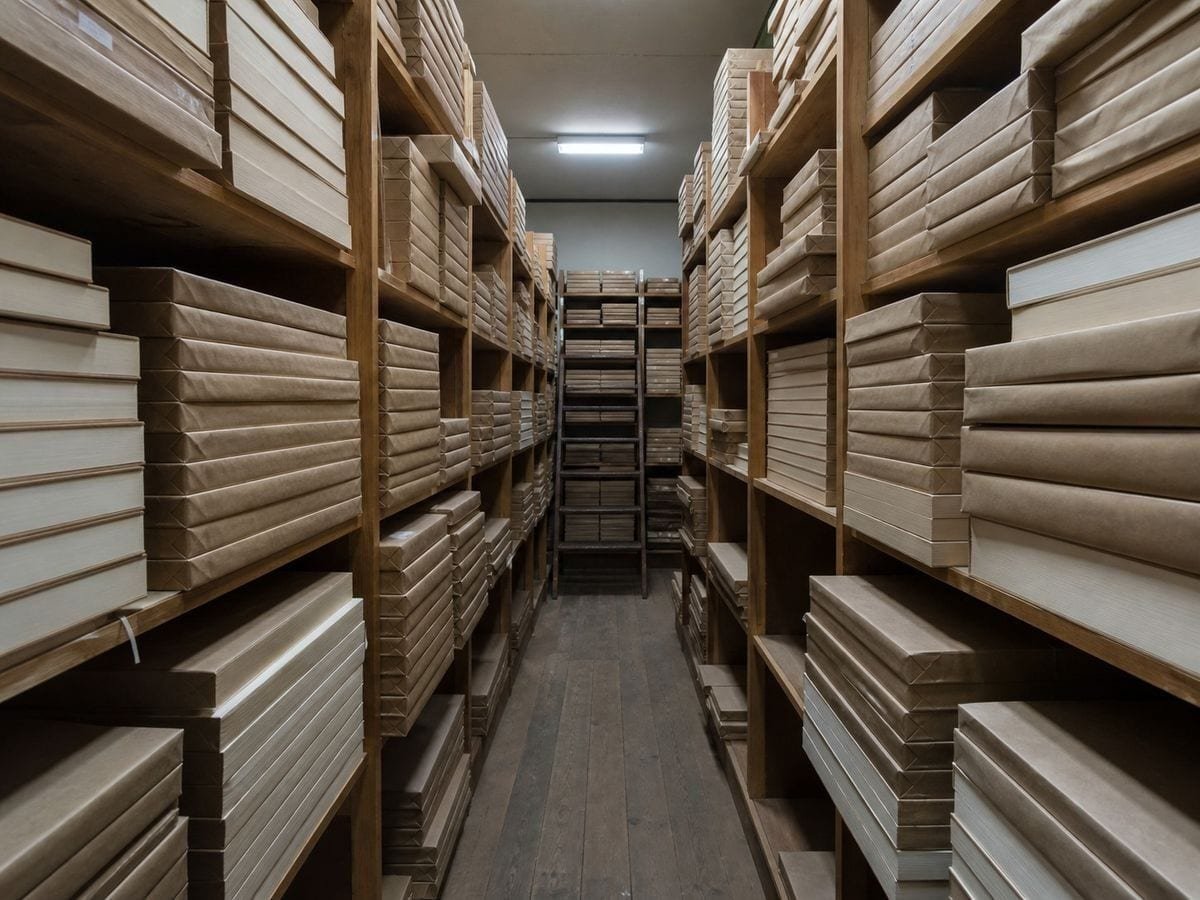 A stationer's stockroom of deep shelving packed with wrapped reams of blank paper by size