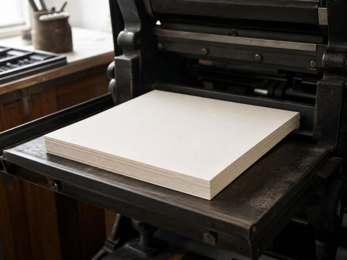 A squared stack of freshly printed blank sheets on the delivery tray of a platen press