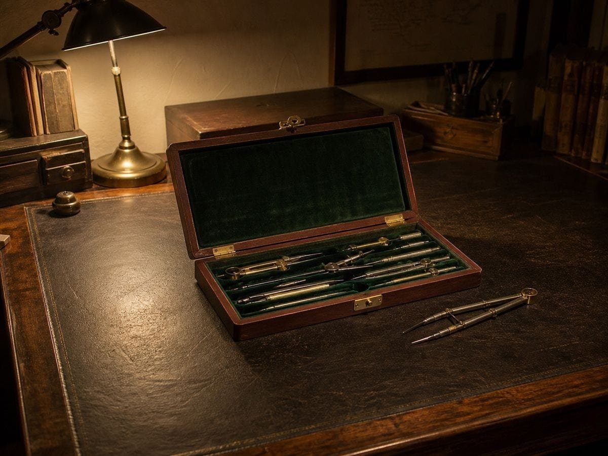 A velvet-lined instrument case open on a desk with compasses and dividers in graded sizes