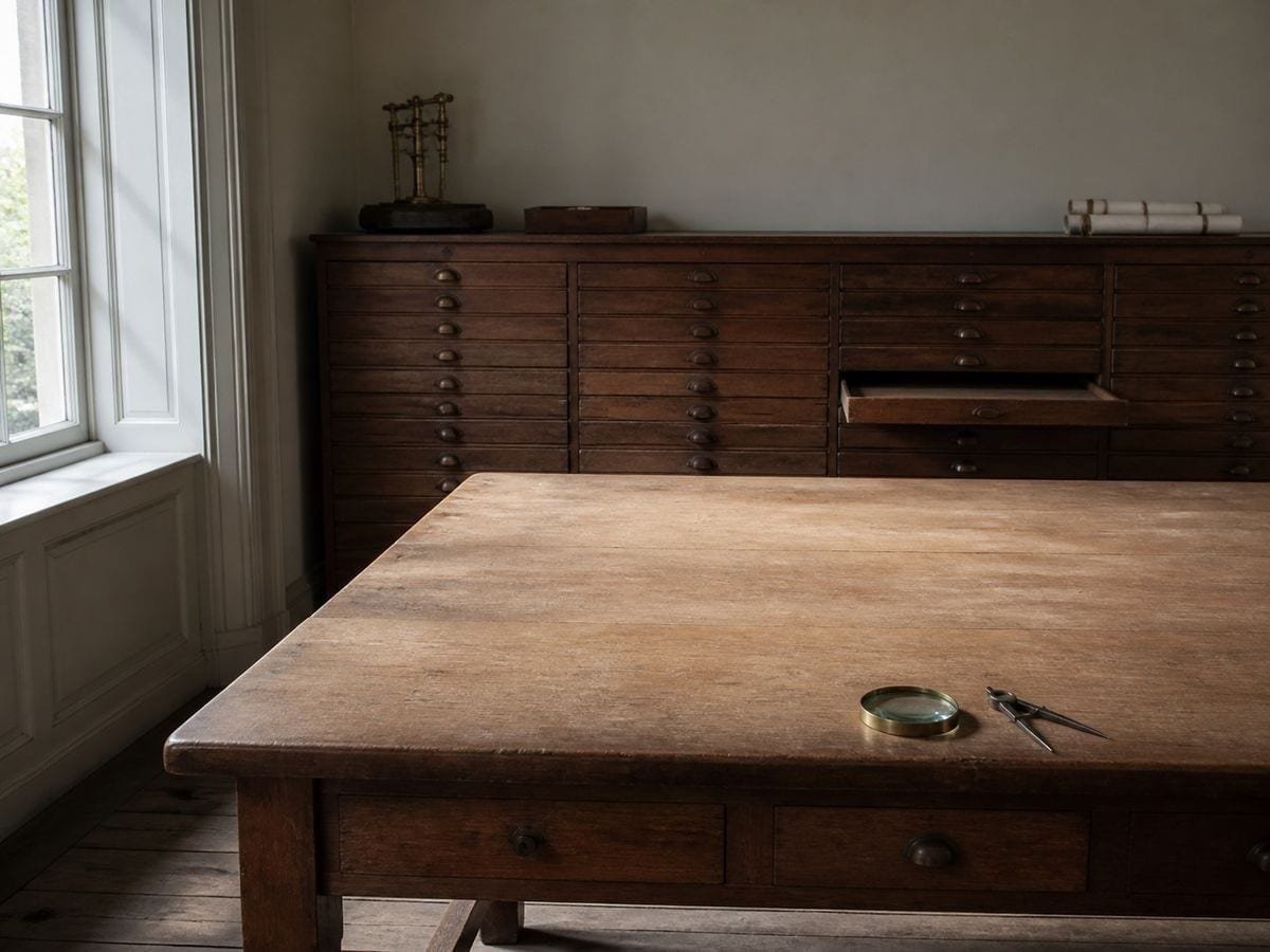 A map room with a large clear timber table and a bank of shallow map drawers behind
